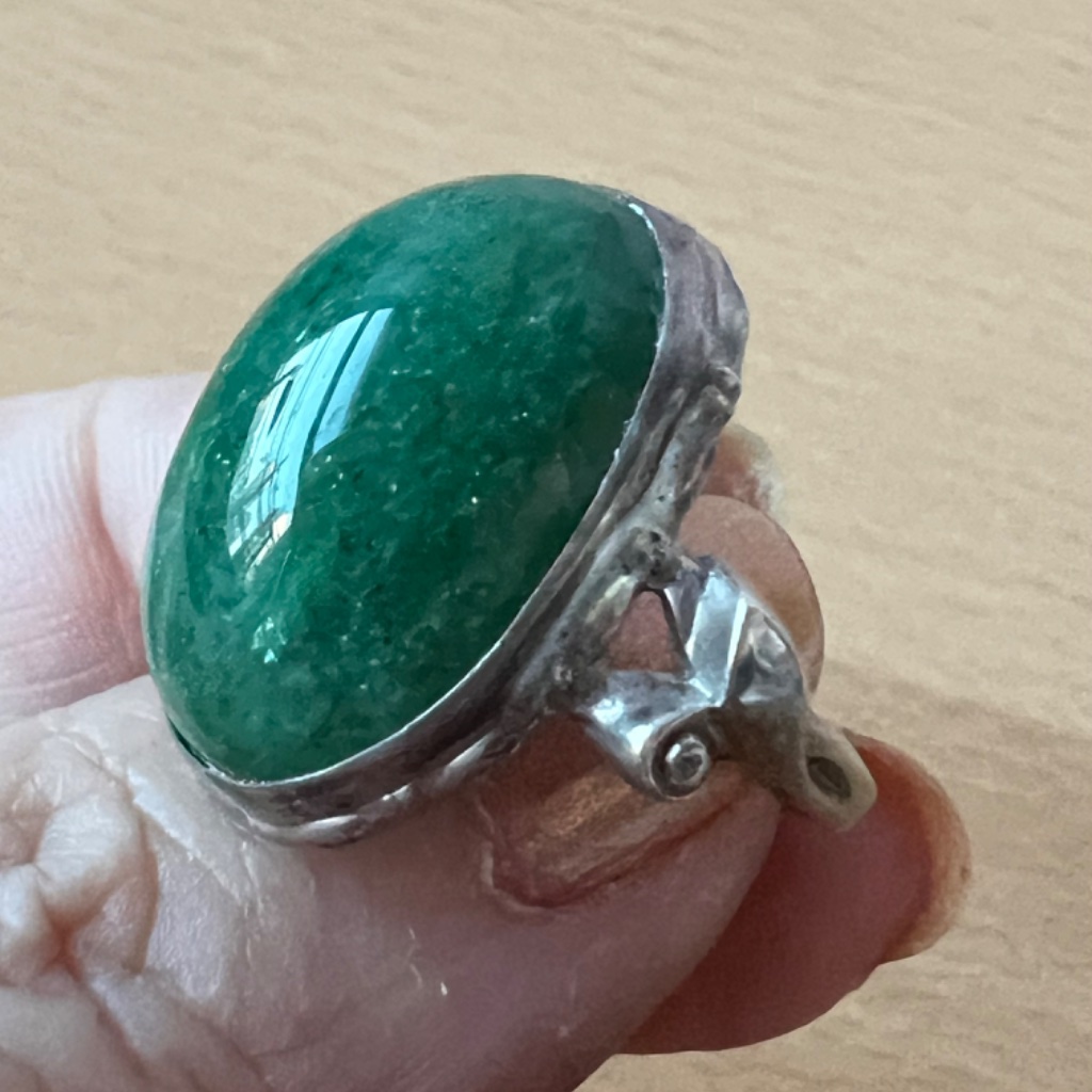 Vintage Large Green Aventurine Emerald Sugarloaf Cabochon Ring Sterling Silver